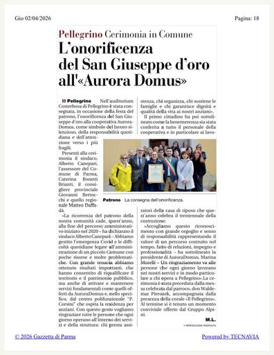 Pellegrino Parmense: Ad Auroradomus la Benemerenza del San Giuseppe d'oro 2026