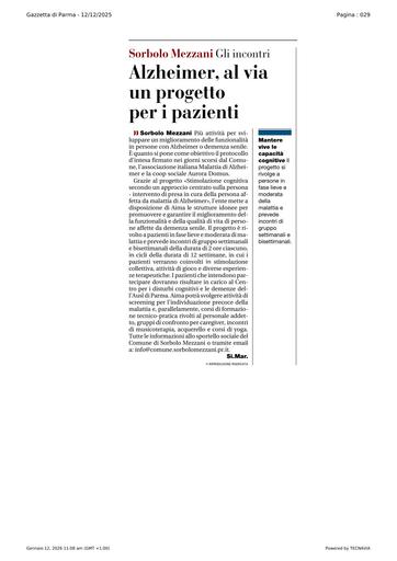 Sorbolo Mezzani: gli incontri Alzheimer, al via un progetto per i pazienti