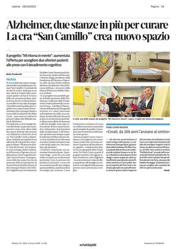 Alla CRA San Camillo di Piacenza: inaugurato il progetto "Mi ritorna in mente". Due nuovi posti letto e spazi pensati per stimolare memoria, autonomia e familiarità.